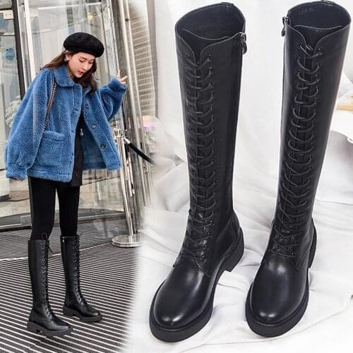 2021 Winter Knee Boots Women Black Gothic Shoes Warm Plush Boots Square Heels Leather Knee High Boots Women White Combat Boots