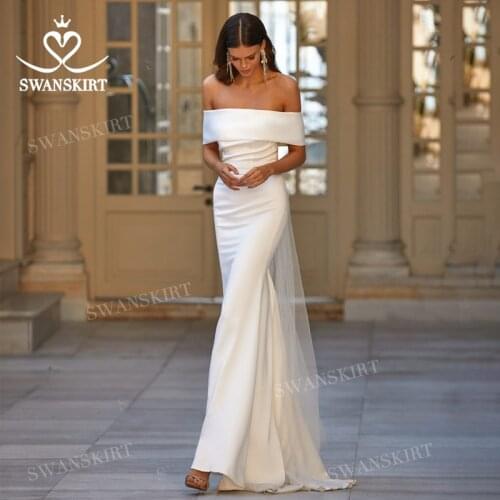 Sleeveless Wedding Dress 2021 Beach Boat Neck Satin Mermaid Vestido De Novia Princess SwanSarah M060 Plus Size Bridal Gown