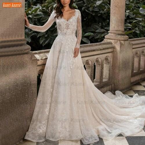 Boho Lace Wedding Gown 2021 Ivory Abito Da Sposa Long Sleeves Appliques A Line Vestido De Casamento Custom Made Bride Dresses