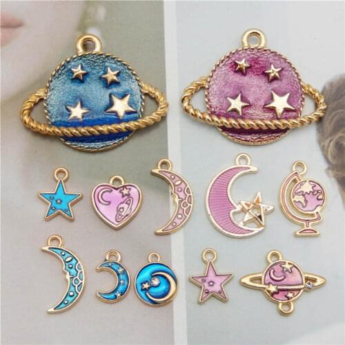 Julie Wang 12PCS Enamel Charms Mixed Planet Star Moon Zinc Alloy Gold Tone Pendant Bracelet Jewelry Making Accessory
