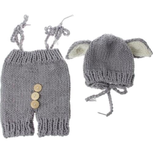 2pcs Cute Baby Studio Clothing Set Newborn Handmade Knitted Overalls With Fox Ear Hat Photography Props
