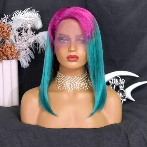 ALIFITOV Ombre Red Green Lace Front Wigs Straight Short Bob Human Hair Wigs With Natural Hairline Pre-plucked Wigs For Women