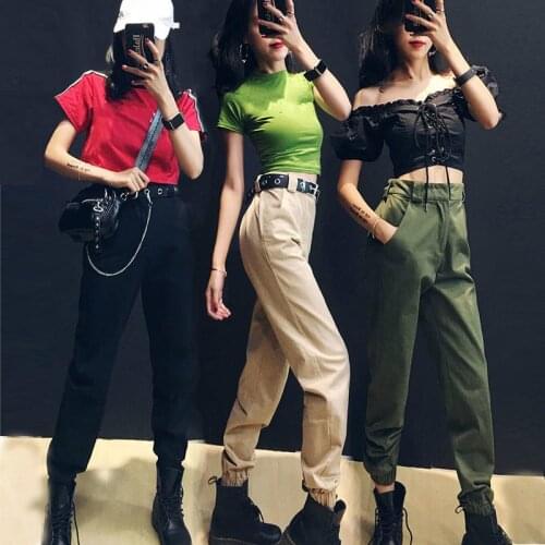 Women Streetwear Cargo Pants Ankle Length Haren Pants Elastic Waist Joggers Female Loose Trousers Casual Multi-size Capri Autumn