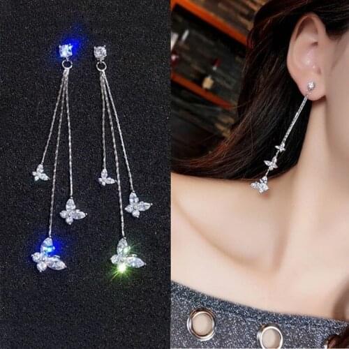 Long Crystal Butterfly Tassel Earrings for Women Simple Sterling Silver All-Match Dangle Earring Fashion Jewelry Accessories