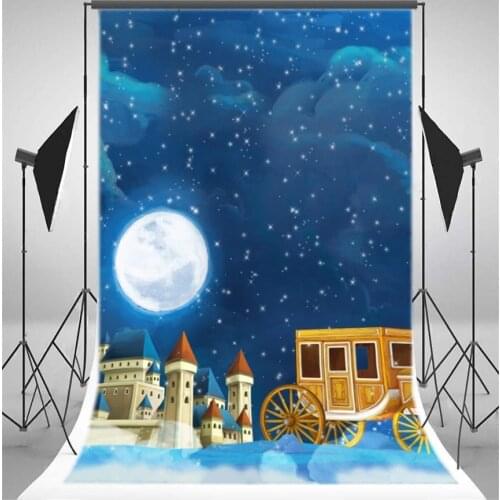 Photography Backdrop Castle Fairytale Pumpkin Carriage Shining Moon Twinkle Star Blue Sky Cartoon Princess