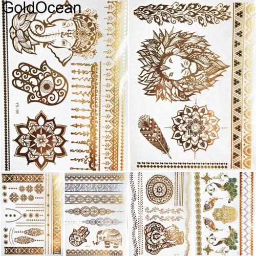 Henna Ganesha Mandala Gold Metal Flash Tattoo Arm Elephant Hamsa Flower Temporary Tattoo Stickers Girls Neck Lion Tatoos Feather