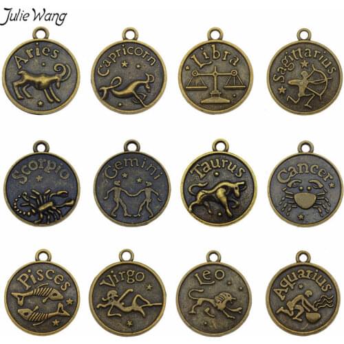 Julie Wang 12pcs Vintage Antique Bronze zodiac Double sided design Charms Mixed Necklace Pendant Jewelry Making Findings Gift
