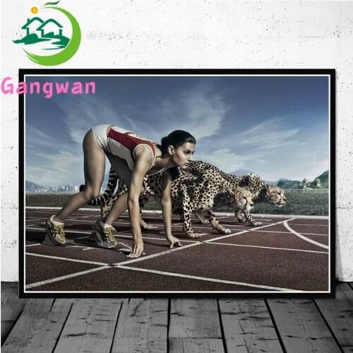Girl Athlete Race With Cheetah Wall Painting Full Square Diamond embroidery 5D DIY Diamond painting Diamond mosaic Home decor