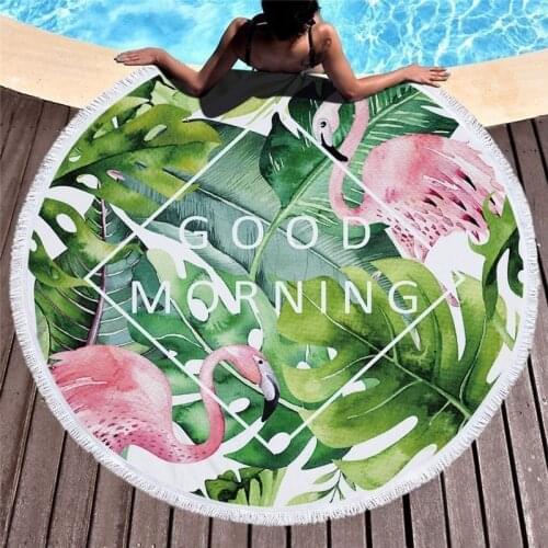 XC USHIO Newest Flamingo Round Beach Towel Microfiber Large Towel Flower Leaf Blanket Printed Toalla Tassel Tapestry 150cm