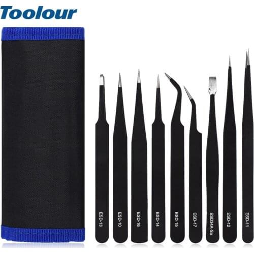 Toolour 9PC ESD Precision Industrial Tweezers Anti-static magnetic Stainless Steel Tweezers Set for Electronics Soldering