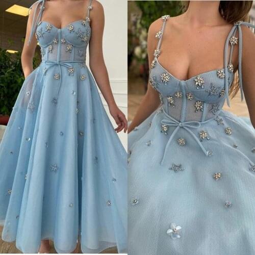 Sky Blue Evening Gowns with Pocket Crystal Ankle Length A Line Prom Dresses Ruffles Vestidos Formal Robe De Soirée