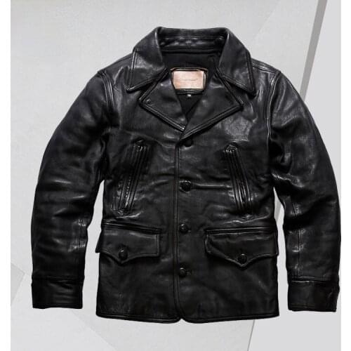 2021 New Japanese-Style Retro Two-Color First Layer Tea Core Horse Leather Jacket Mens Lapel Dispatcher Genuine Leather Clothes