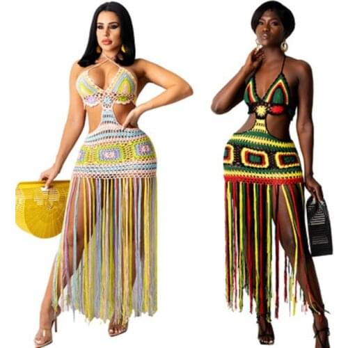 2021 New Handmade crochet long tassel beach dress sexy women Hollow out Bikini swimwear bathing suit cover-ups beachwear
