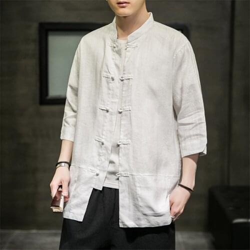 2021 New Spring Vintage Hanfu Man Shirts Cotton Linen Blouses Chinese Style Tops Stand Half Sleeve Button Pockets Shirts