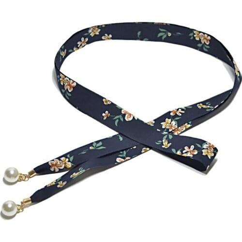 Fashion Pearl Fabric Women Belts Print Flower Stripe Ladies Knot Waist Rope Long Thin Scarf Ribbon For Dresses Female Strap