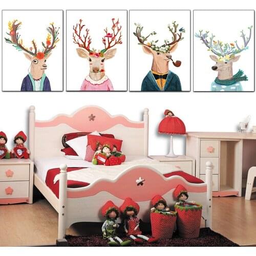 Hand Painted Flower Reindeer Canvas Paintings Baby Nursery Bedroom Cartoon Animals Pictures Christmas Decor Poster and Prints
