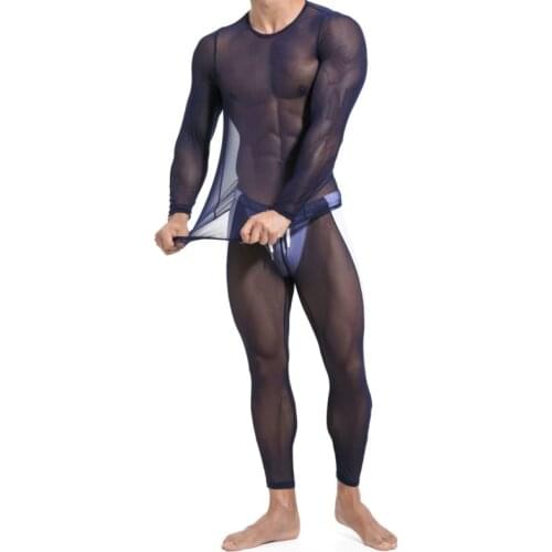 Sexy Transprent Mesh Long John Set Men Underwear Lingerie Undershirt Singlet Suit See Through Long Sleeve T Shirt Leggins Pants