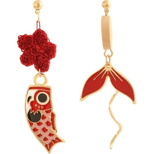 Cute Red Enamel Koi Fish Earrings for Women Asymmetrical Lucky Animal Earrings Girls Hanging Earings Jewelry