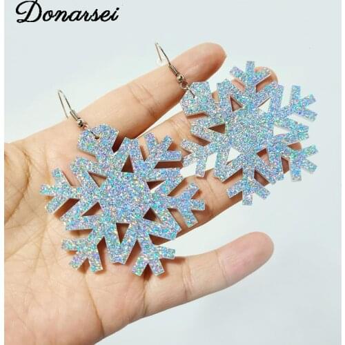 Donarsei Cute Christmas Snowflake Drop Earrings For Women Xmas Silver Color Mirrored Snowflake Acrylic Dangle Earrings Gift
