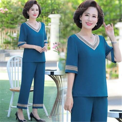 Mother spring middle-sleeved top Fashion suit womens wide-leg pants middle-aged and elderly summer casual sports suit A543