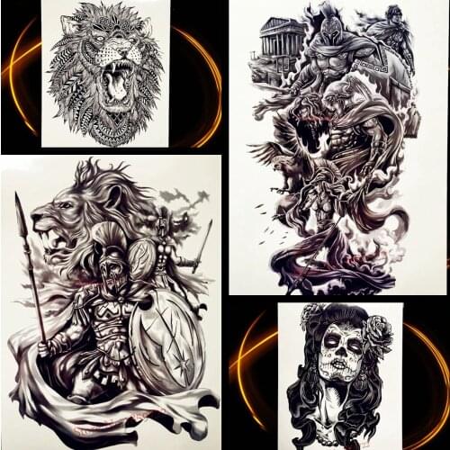 Hero of Sparta Warrior Temporary Tattoo For Men Women Black Body Art Fake Flash Tattoo Stickers, Troy Ancient Knight Tattoo War