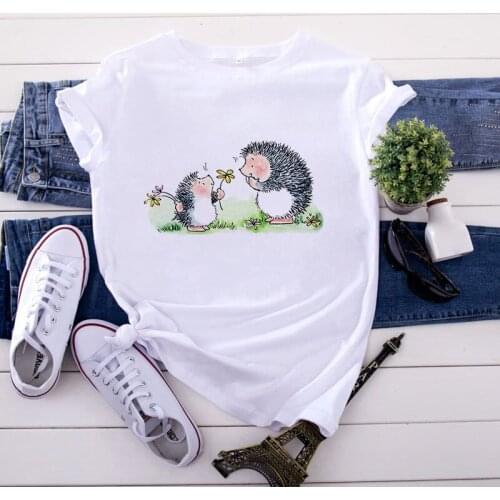 Womens Summer Cartoon T-shirt Cute Hedgehog Pattern T-shirt Harajuku O-neck Short-sleeved T-shirt 90s Korean Ladies T-shirt Top