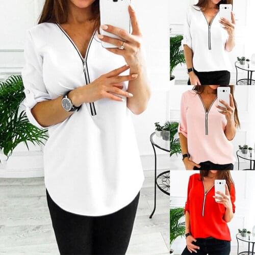 Womens Shirt With Zipper Fashion Long Sleeve v Neck Loose Long Chiffon Blouse Shirt Solid Lady Tops Plus Size