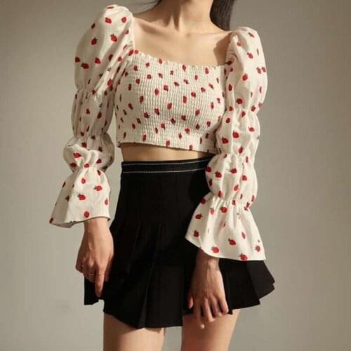 Korean Chic Print Strawberry Woman Shirt Off Shoulder Puff Sleeve Vintage White Blouse Women Clothes Black Slash Neck Tops 14369