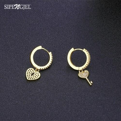 SIPENGJEL Fashion Love Heart Geometric Hoop Earrings Punk Lock Key Asymmetry Pendant Earring For Women Jewelry Gift 2021 aros