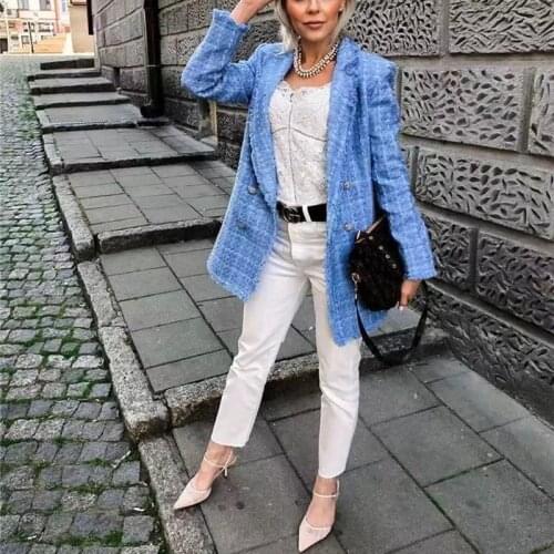 PUWD Elegant Woman Blue Loose Plaid Tweed Blazer Coat 2021 Autumn Female Streetwear Outwear Ladies Casual Diamond Button Jacket