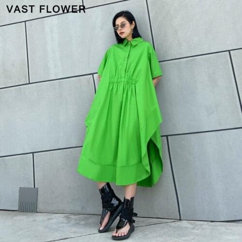 Green Irregular Pleated Long Shirt Dress Women New Lapel Short Sleeve Loose Casual Summer Dress Elegant Fashion Clothes 2021