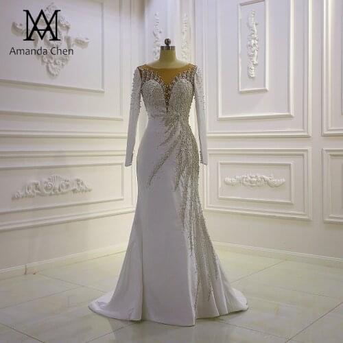 Robe de soirée de mariage Long Sleeve Lace Appliqued Satin Full Sleeve Wedding dress