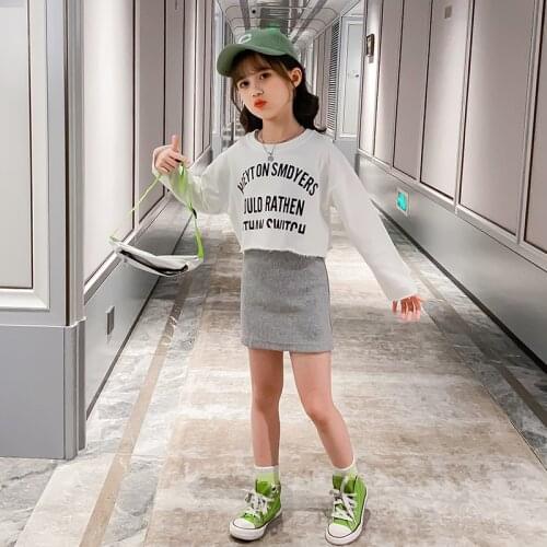 2021 spring Long-sleeve Top letter t shirt Girl Vest + Knitted dress Cotton braces skirt Christmas 4 5 6 7 8 9 10 11 12 year