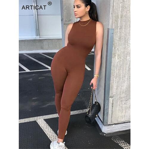 Articat Mock Collar Sleeveless Skinny Jumpsuit Women 2020 Summer Casual Bodycon Rompers Ladies Streetwear Bodysuit Clothes