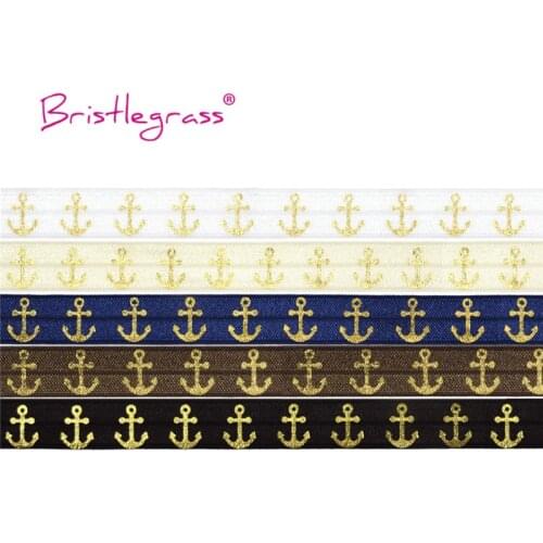 BRISTLEGRASS 5 Yard 5/8" 15mm Gold Anchor Foil Print Fold Over Elastic FOE Spandex Band Hair Tie Headband Tutu Dress Sewing Trim