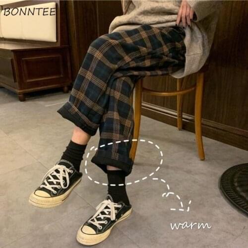 Casual Pants Women Plus Velvet Full Length Plaid Straight Elastic Waist Retro Loose Fashion All-match Chic Autumn Student Female