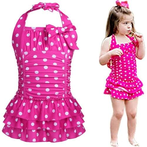Kids Girls One-Piece Swimsuits Baby Halter Lace Up Dots Bodysuit Ruched Tiered Swimwear Girls Beachwear Swimming Bathing Suit