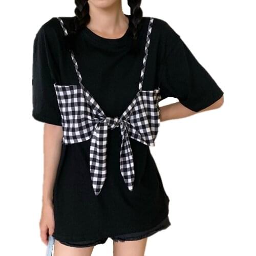Fake 2 Pieces Female Bowknot Top Summer Newest Women T-Shirt Fashion Lace Up Bandage Tee Shirt Patchwork Plaid Long Tshirts