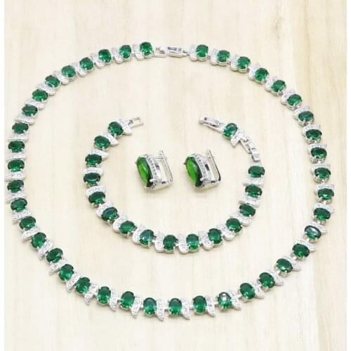 Geometric Green Crystal Necklace Earrings Bracelet Silver Color Jewelry Sets for Women Party Wedding Bridal Jewelry