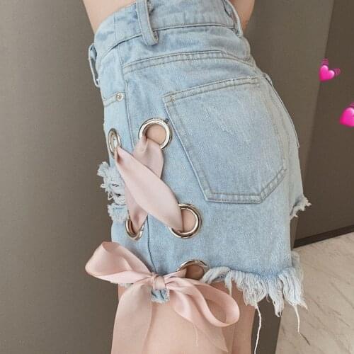 Summer new cute a-line raw edge washed hole high waist thin denim wide leg shorts women high waist jeans Bow JEANS