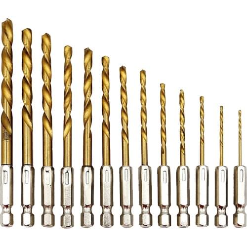 13 Pcs/Set HSS Coated Drills Bit Set High Speed Steel Titanium Coated Drill Bit Set 1/4 Hex Shank 1.5-6.5mm Twist Drill Bit