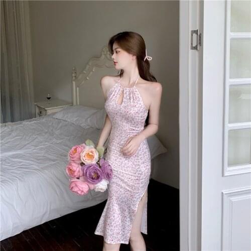 Real Shot 2021 New Summer Fashion Ladies Elegant And Sexy Hanging Neck Hollow Retro Bag Hip Split Dress