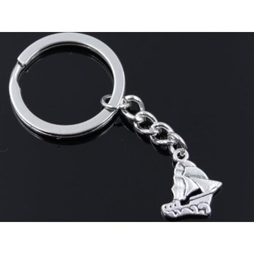 New Fashion Men 30mm Keychain DIY Metal Holder Chain Vintage Sailboat Ship Boat 20x18mm Silver Color Pendant Gift