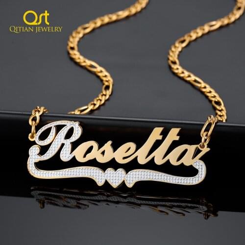 Personalized Double Plate 3D Name Necklace with Heart Custom Two Tone Gold Plated Stainless Steel Necklace For Women Jewelry Gif