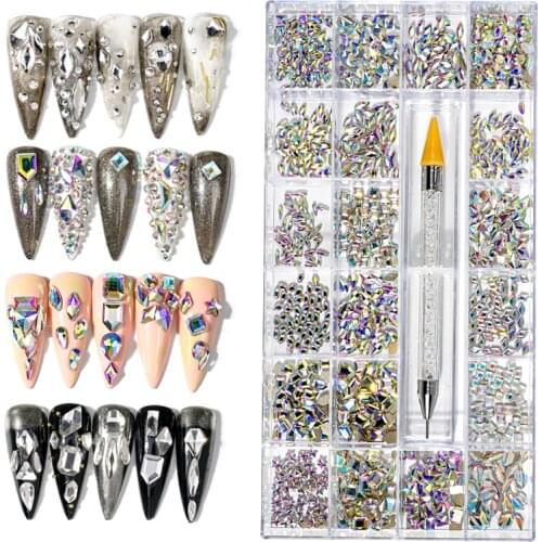 CHINRMJL 1Box Crystal AB Flatback HotFix Nail Art Rhinestones Mixed Sizes Flat Shiny 3D Glass Decorations Wax Pen Set Tool
