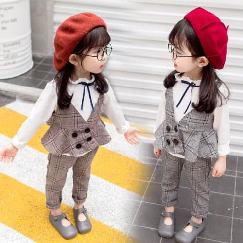 2021 Spring Autumn Children Clothing Fashion Children Clothing Baby Girls Clothes Bow-Knot White Long Sleeve+Vest+Trousers Latt