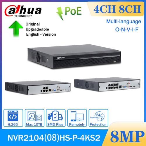 Dahua 4K POE NVR2104HS-P-4KS2 4CH NVR2108HS-8P-4KS2 8CH Onvif H265 CCTV NVR For IP Camera Security camera systey Video Recorder