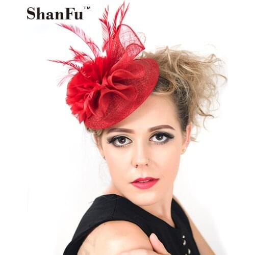 ShanFu Women Small Pillbox Hat Feather Fascinators Chiffon Flower Headband with Veil Hair Accessories for WeddingTea PartyC02062