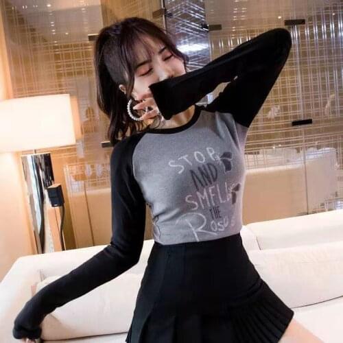 Spring Womens T-Shirt Korean Style Oversize Skinny Tops Fashion Letter Print Contrast Color Cotton Fabric Base Shirt Versatile