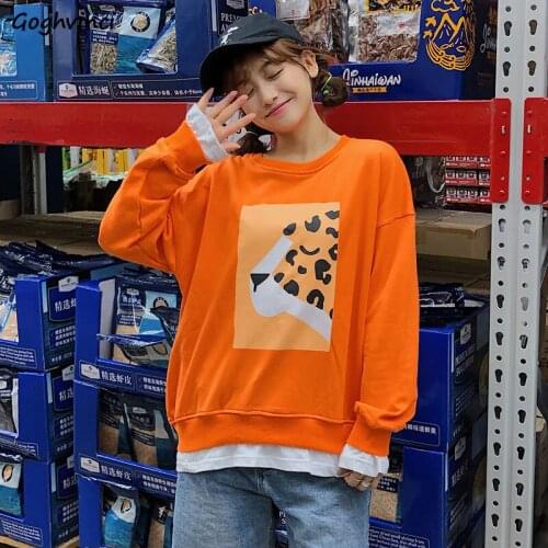 Women No Hat Hoodies Long Sleeve O-neck Printed Fake Two Pieces Korean Style Chic Kawaii Trendy Baggy Casual Students Sweatshirt